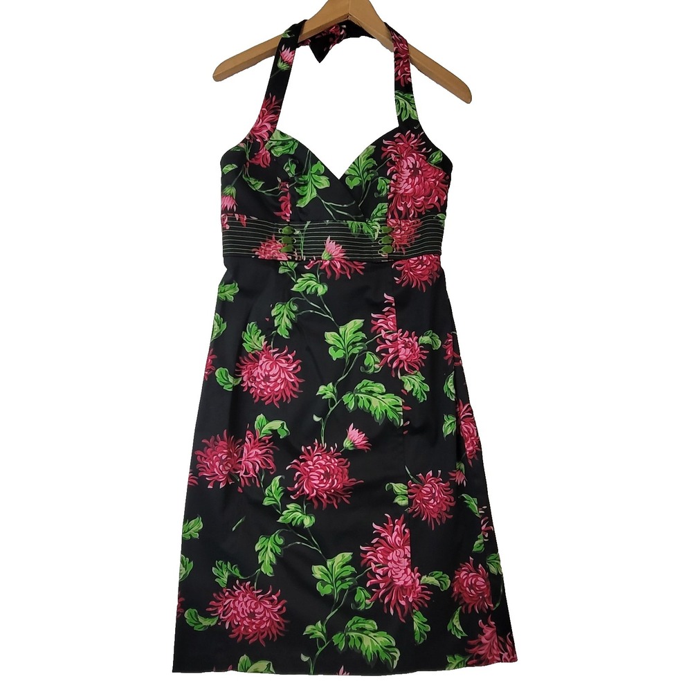 NWT Donna Ricco Black Pink Floral Halter Shift Dress Stretch Cotton VTG Size 8